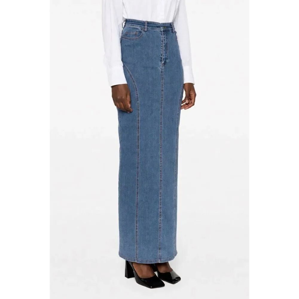 Rotate Stretchy Maxi Denim Skirt | Blue in Medium